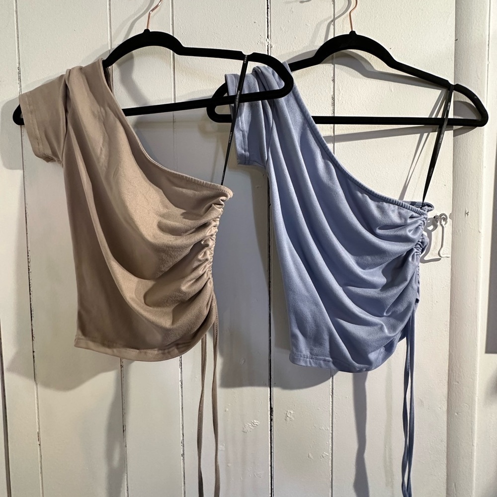 One-Shoulder Ruched Tops in Tan and Blue - Picture 2 of 4
